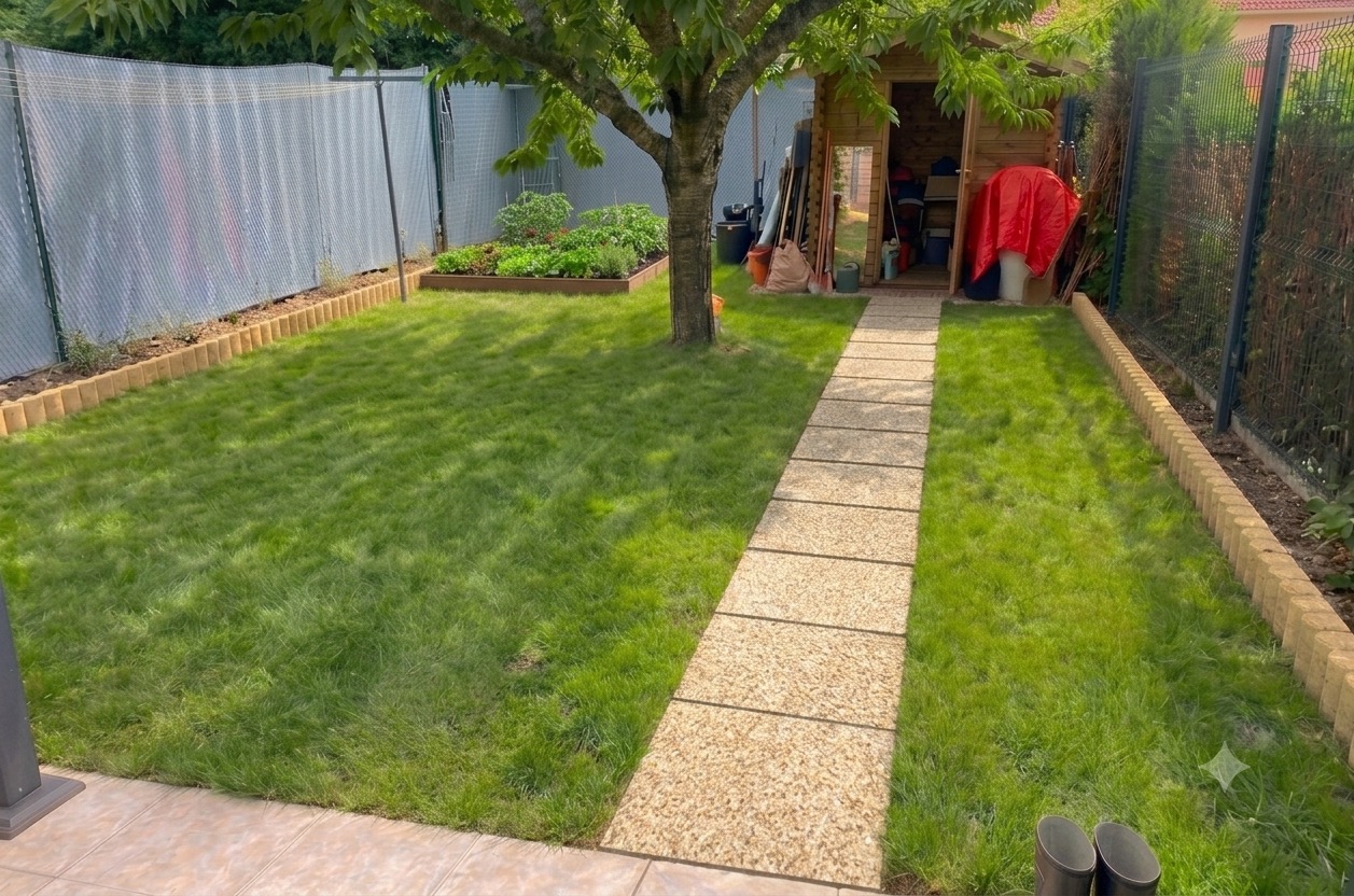 Jardin paysager avec bassin, allées, rangées d’arbres taillés et clocher au loin sous ciel bleu.